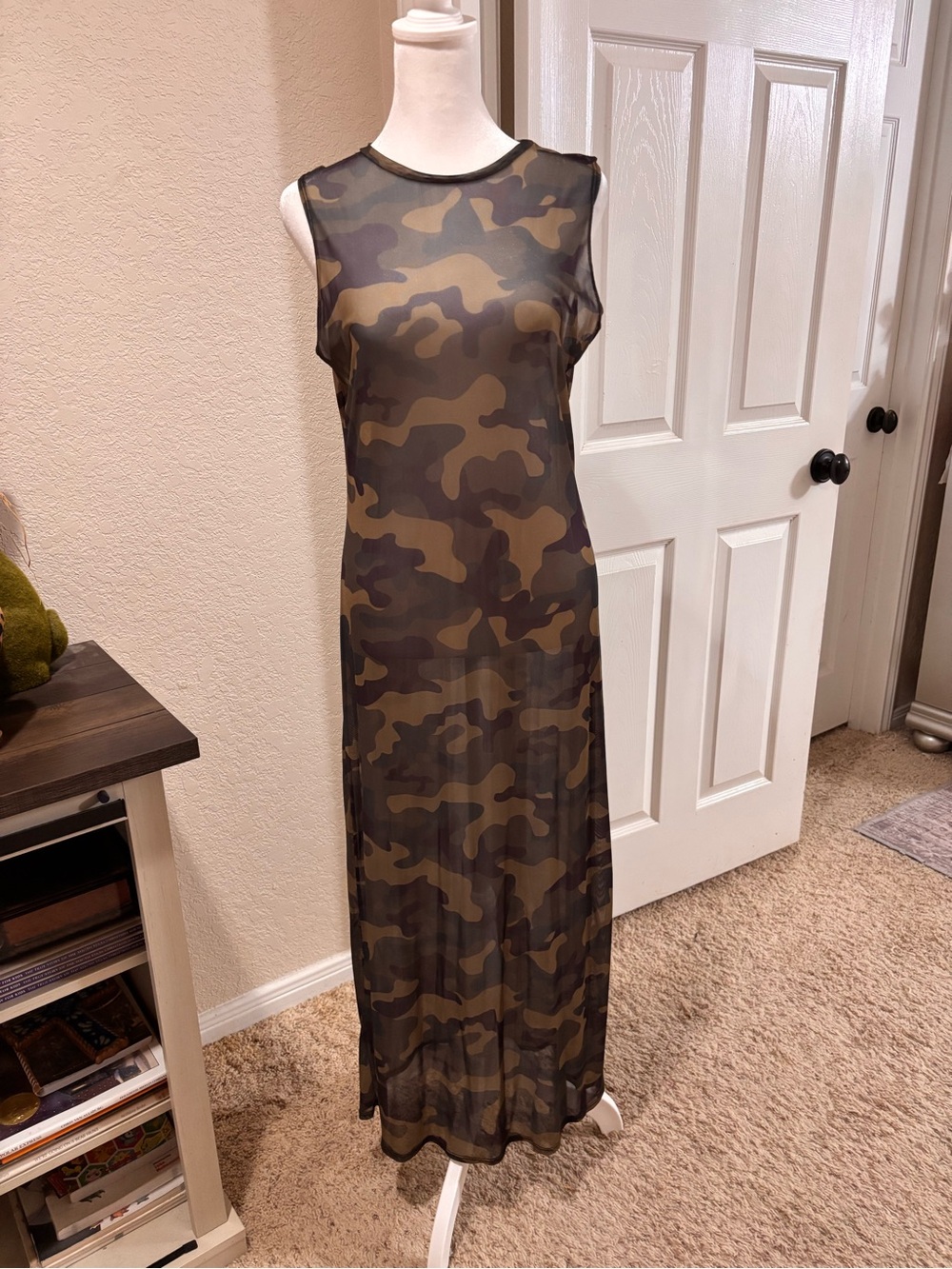 Nasty Gal Sheer Camouflage Maxi Tunic Dress in Olive and Brown